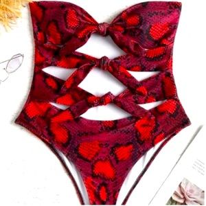 New Red Snakeskin One Piece Bathing Suit w/ 3 Ties